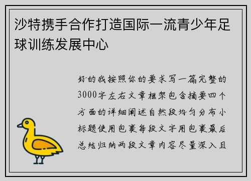 沙特携手合作打造国际一流青少年足球训练发展中心 沙特携手合作打造国际一流青少年足球训练发展中心
